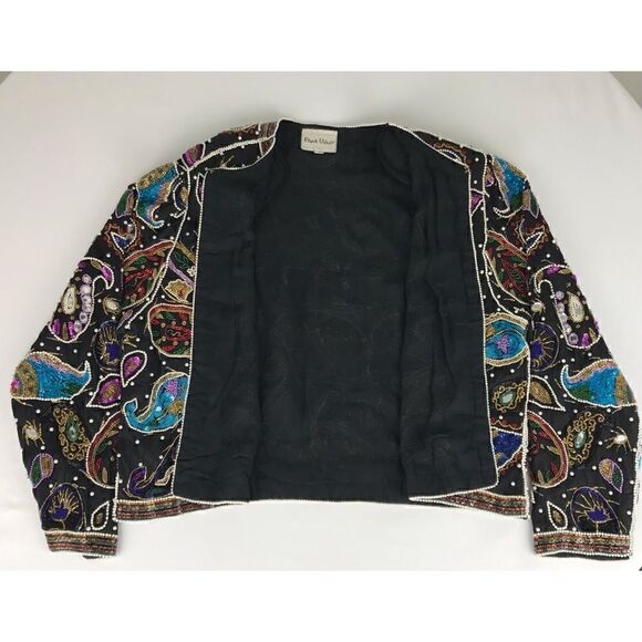 Vintage Frank Usher 70s 80s Black Sequin Beaded Silk Cardigan Jacket - Picture 10 of 13